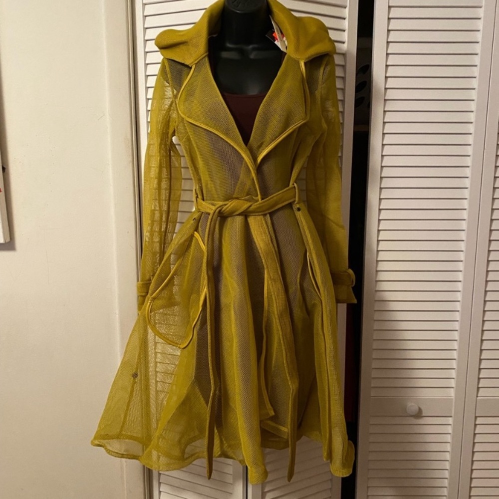 White Not available \ mustard yellow fishnet mini trenchcoat w/ dress included